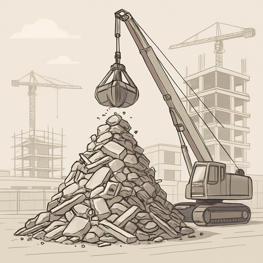 A construction site with a worker utilizing a magnet to gather heavy metal construction debris, with the magnet hanging fr...