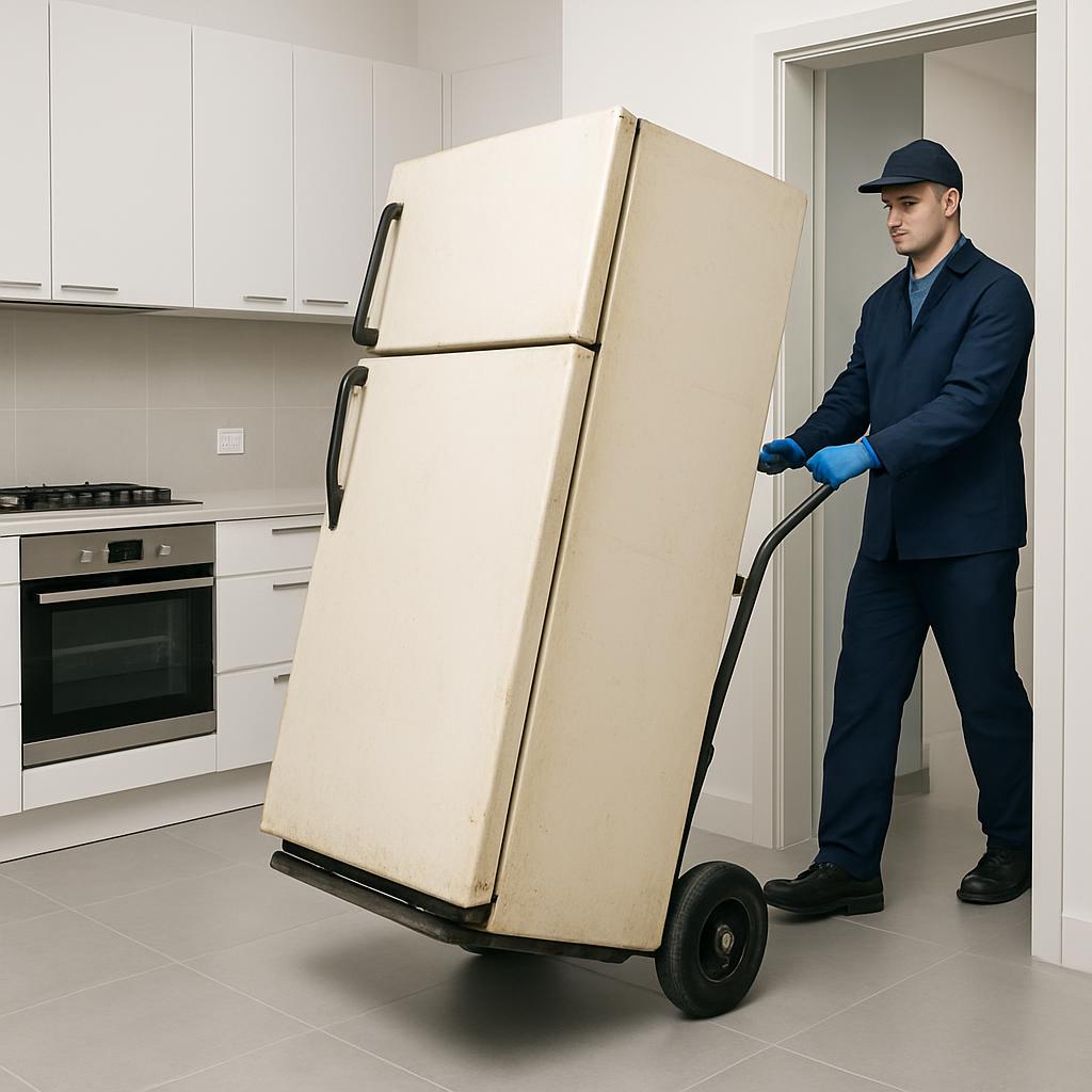 A well-dressed man, dressed in a dark blue business suit, pushes obsolescent white refrigerator on a dolly through a moder...