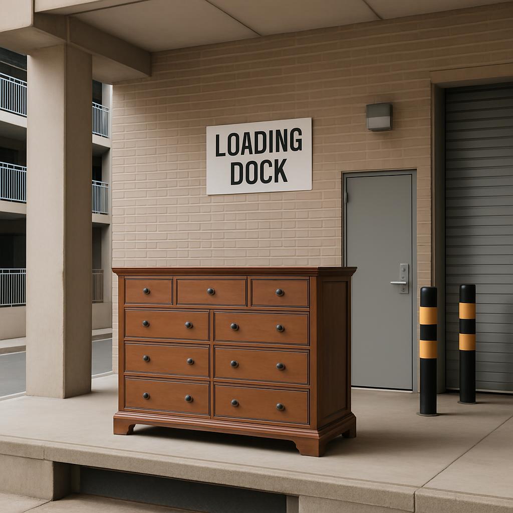 A large brown dresser sits in front of a "Loading Dock" sign, accompanied by two bollards on either side. The dresser comp...