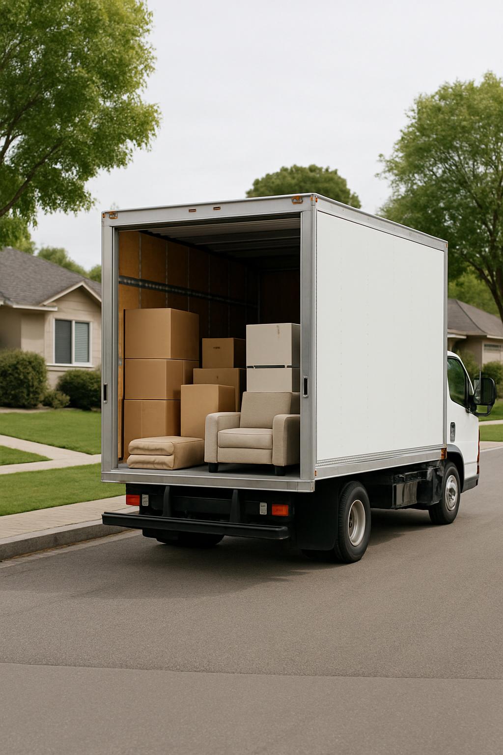 A white moving truck parked on a suburban street, filled with furniture boxes, including couches, an armchair, and other i...